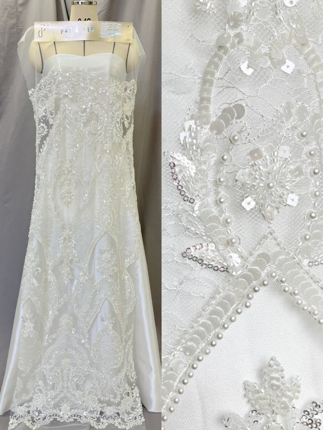 KOP034【ブライダル レース】スカラップ 刺繍 ビーズ ウエディング ドレス  ベール ナイロン100%  約164cm(レース加工部分128cm)×15yd乱