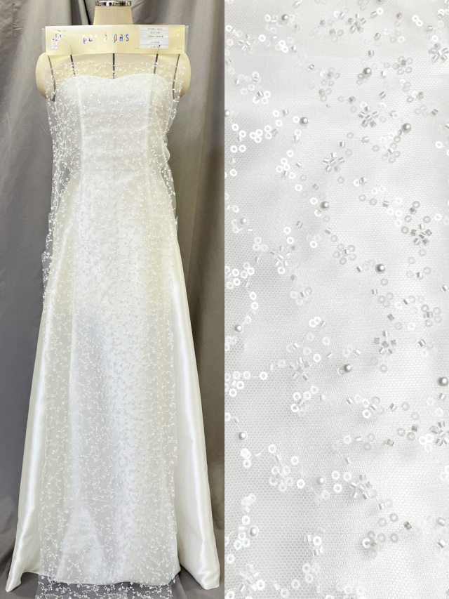 KOP038【ブライダル レース】ドット柄  水玉 ビーズ  ウエディング ドレス  ベール ナイロン100%  約158cm(レース加工部分136cm)×15yd乱