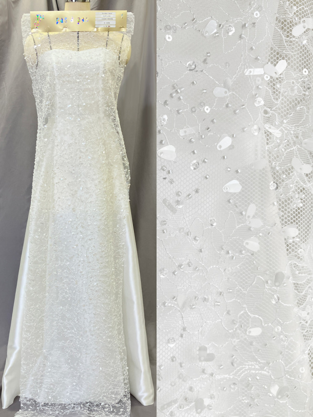 KOP039【ブライダル レース】小花 植物 総柄 スパンコール ウエディング ドレス ベール ナイロン100% 約150cm(レース加工部分148cm)×15yd乱