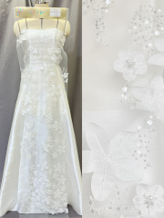KOP028【ブライダル レース】 立体花柄  刺繍 ビーズ ウエディング ドレス  ベール ナイロン100%  約154cm(レース加工部分133cm)×15yd乱