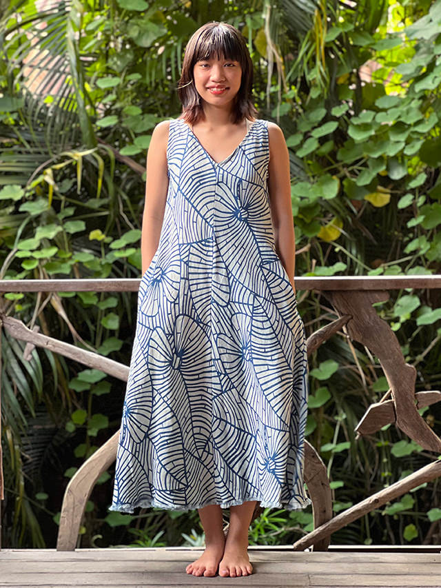 asana HEMP100% 薄手 インディゴ抜染プリント バイアス ワンピース