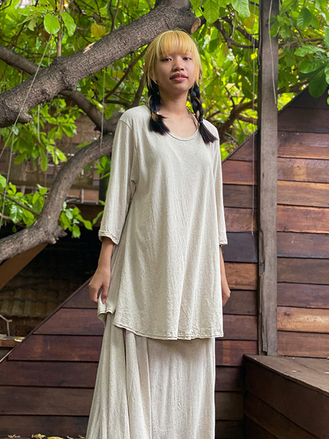 asana ヘンプコットン 薄手 ゆったり ７分袖 チュニック・きなり
