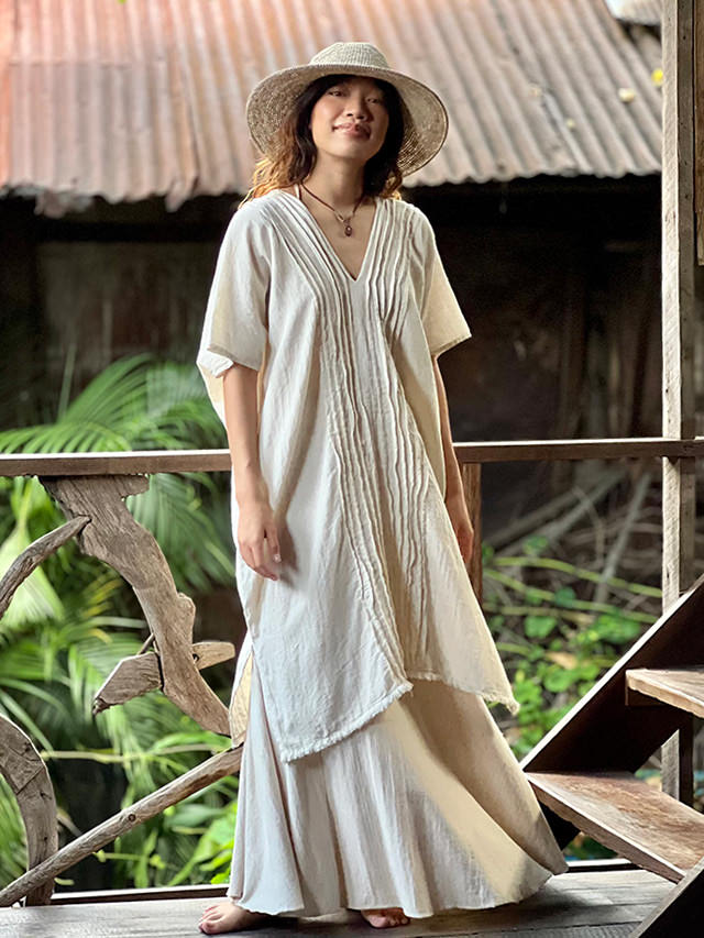 asana 麻100% 薄手 シャーリング チュニック・きなり