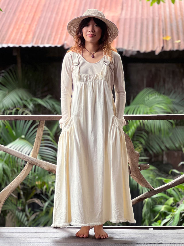 asana HEMP100% デニム風 サロペット ワンピース・きなり