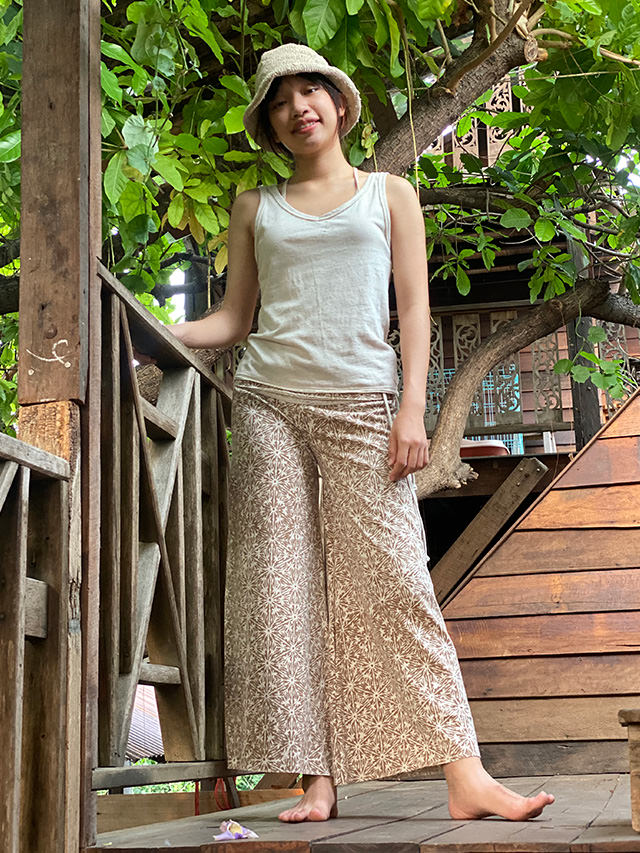 asana ヘンプコットン 厚手 麻柄プリント ガウチョ パンツ