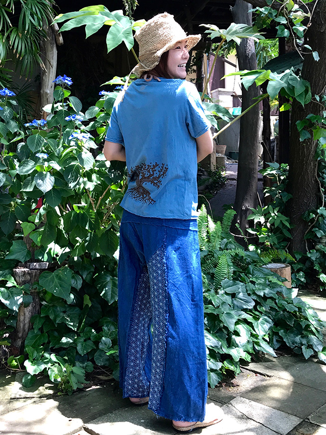 asana HEMP100% 麻柄刺繍 フリンジ タイパンツ・草木染め