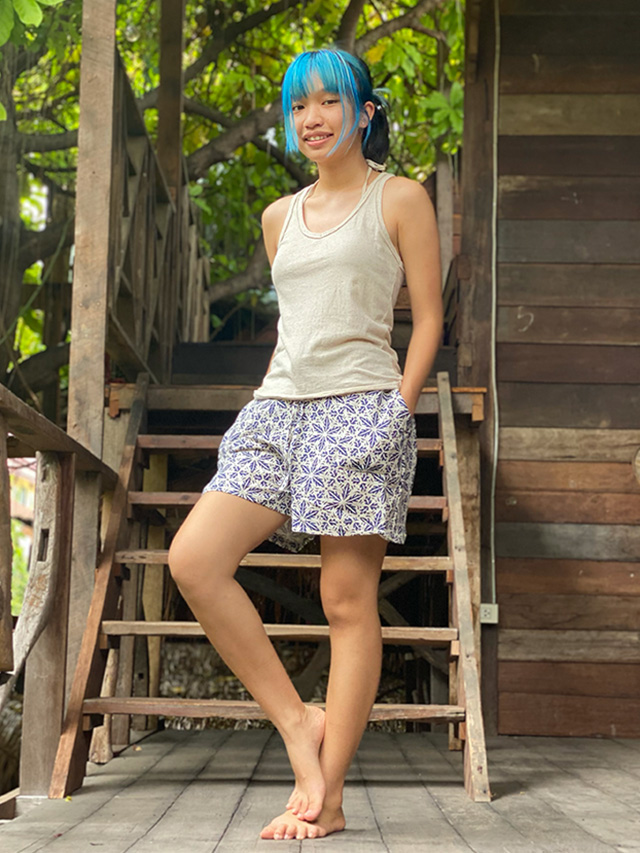 asana HEMP100% 麻の葉柄プリント ショート パンツ