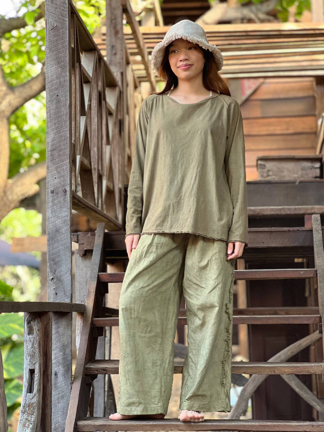 asana HEMP100% デニム風 フリンジ パンツ・草木染め