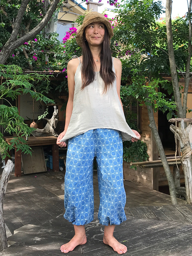 asana 麻柄プリント もんぺ パンツ