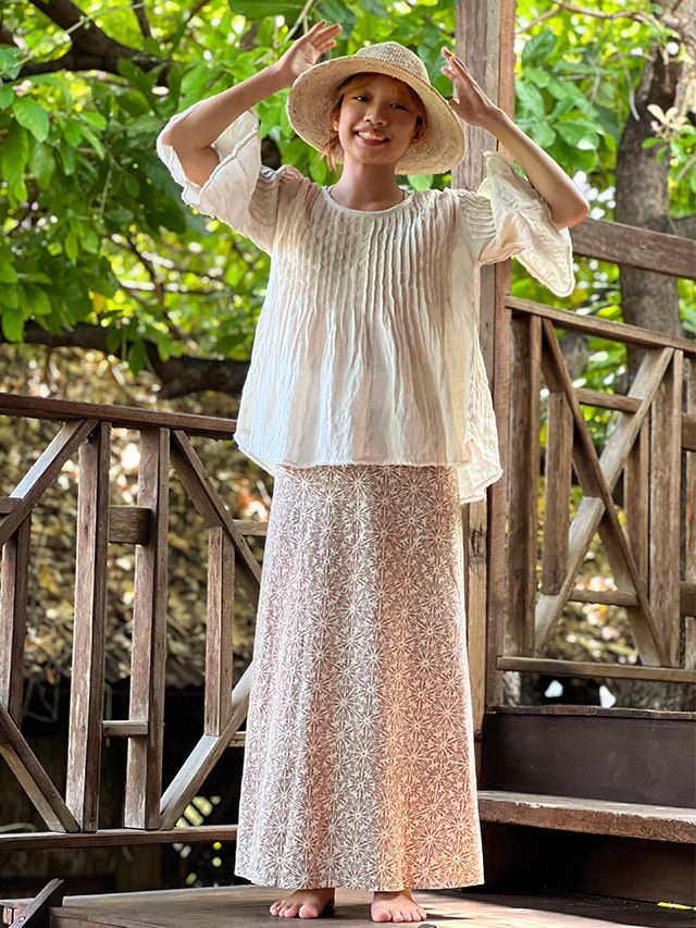 asana ヘンプコットン 厚手 麻柄プリント ロング スカート