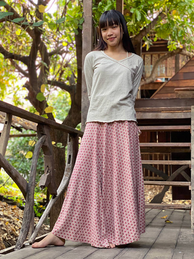 asana ヘンプコットン 厚手 麻柄プリント ロング フレアー スカート