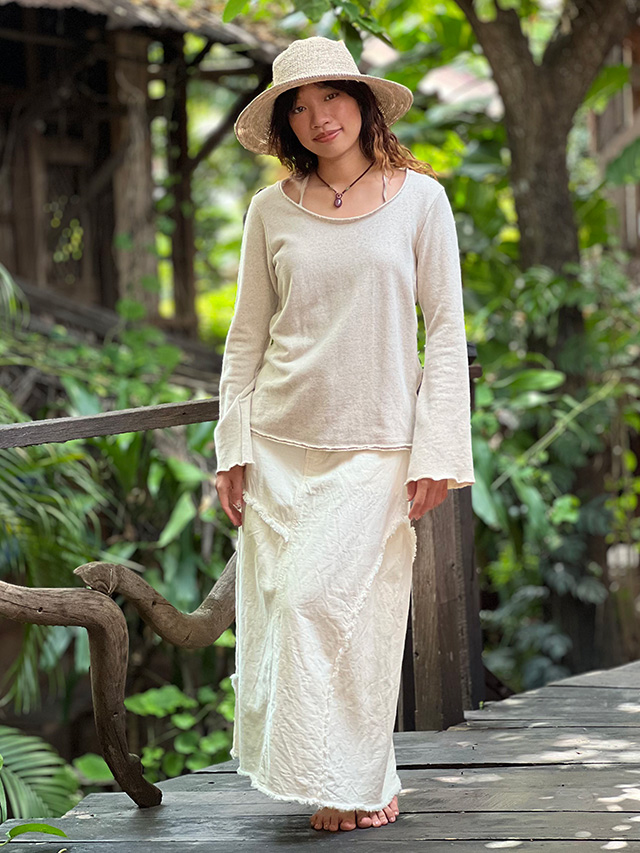 asana HEMP100% デニム風 切り替え ロング スカート・きなり