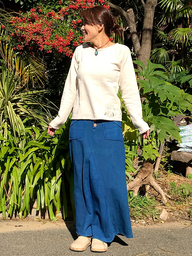 asana ふかふか 麻柄プリント 切り替え スカート・草木染め