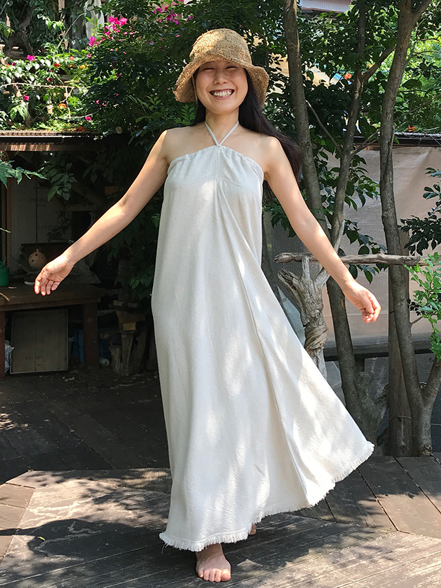 asana ヘンプ シルク バイアス ベアトップ ワンピース・きなり