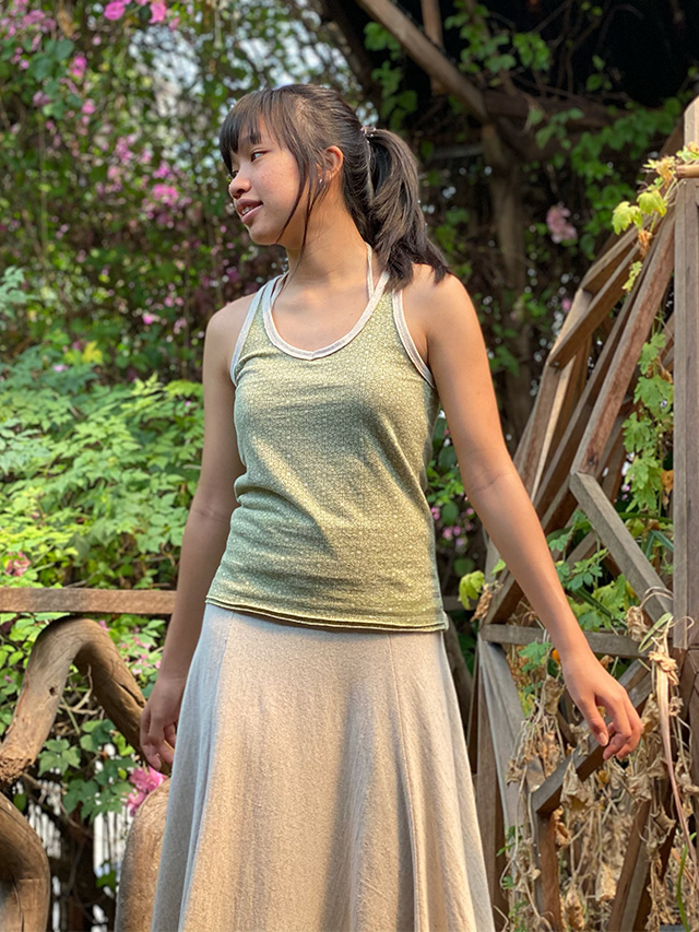 asana ヘンプコットン 麻柄プリント タンクトップ