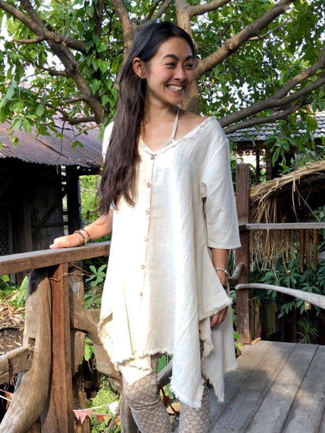 asana HEMP&TENCEL ５分袖フレアーカーデ・きなり