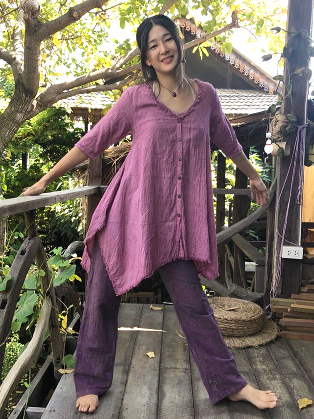 asana HEMP&TENCEL ５分袖フレアーカーデ・草木染め