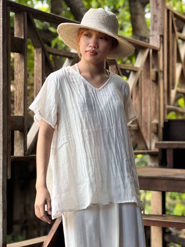 asana 麻100% ゆったり フリンジ Vネック Tee・きなり