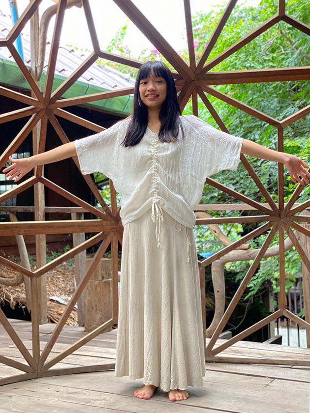 asana HEMP100% ガーゼ 切り替え ギャザー ブラウス・きなり