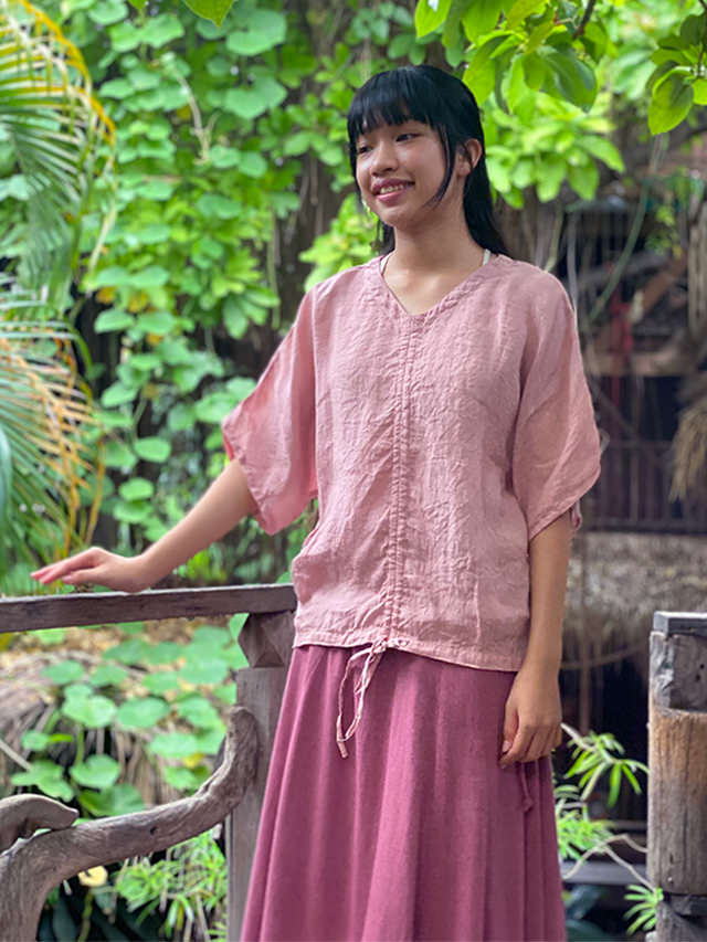 asana HEMP100% ガーゼ 切り替え ギャザー ブラウス・草木染め