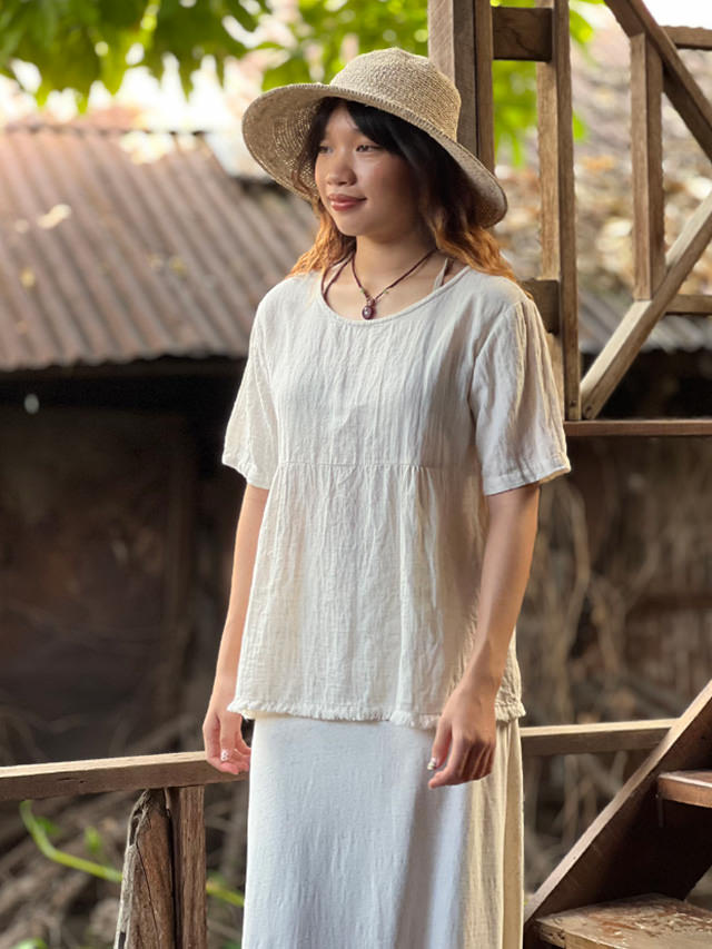 asana 麻100% 薄手 切り替え Tee・きなり
