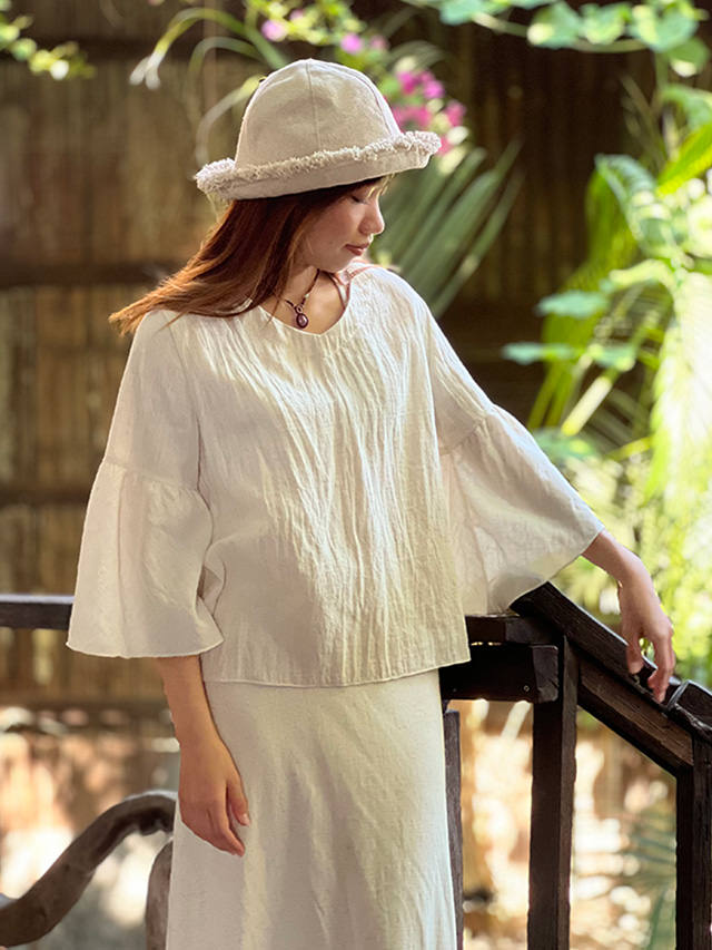 asana 麻100% 薄手 ひらひら ロング ブラウス・きなり