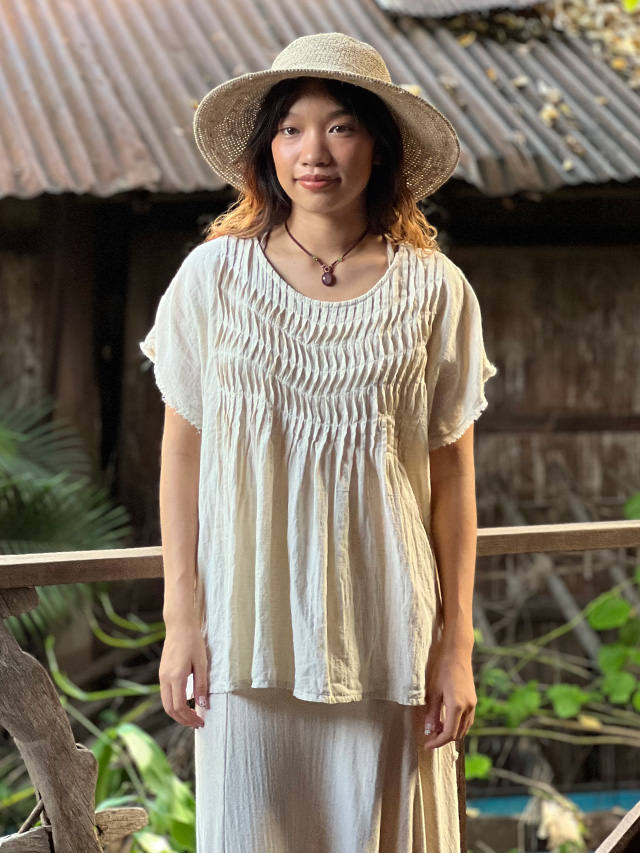 asana 麻100％ 薄手 シャーリング ブラウス・きなり