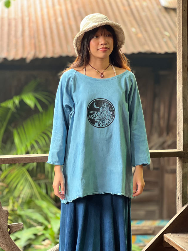 asana ヘンプコットン 厚手 七分袖 ラグラン Tee・手刷りプリント 草木染め