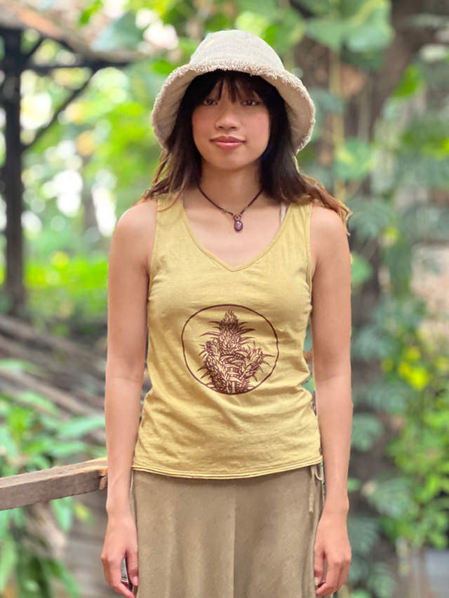 asana ヘンプコットン 薄手 Vネック タンク・手刷りプリント 草木染め