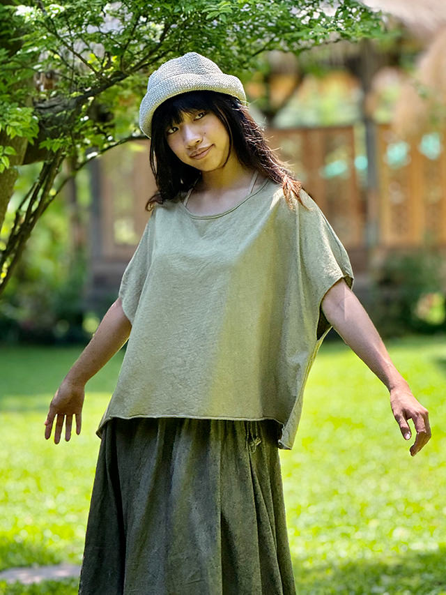 asana HEMP100% ふわふわ ガーゼ 縄文 ロング シャツ・草木染め