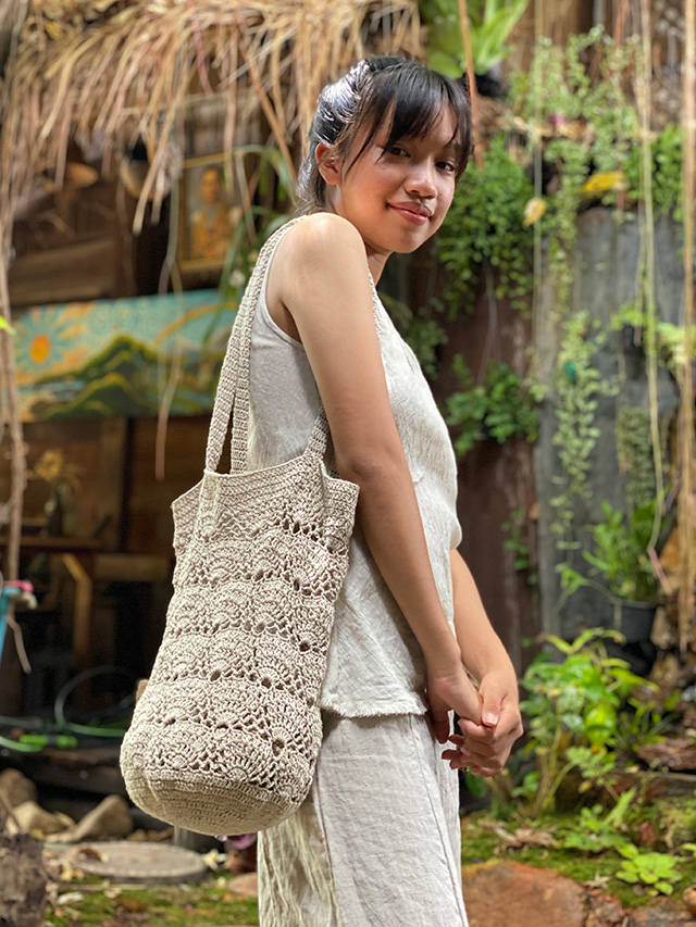 asana HEMP100% 手編み 丸底 ショルダーバッグ・きなり