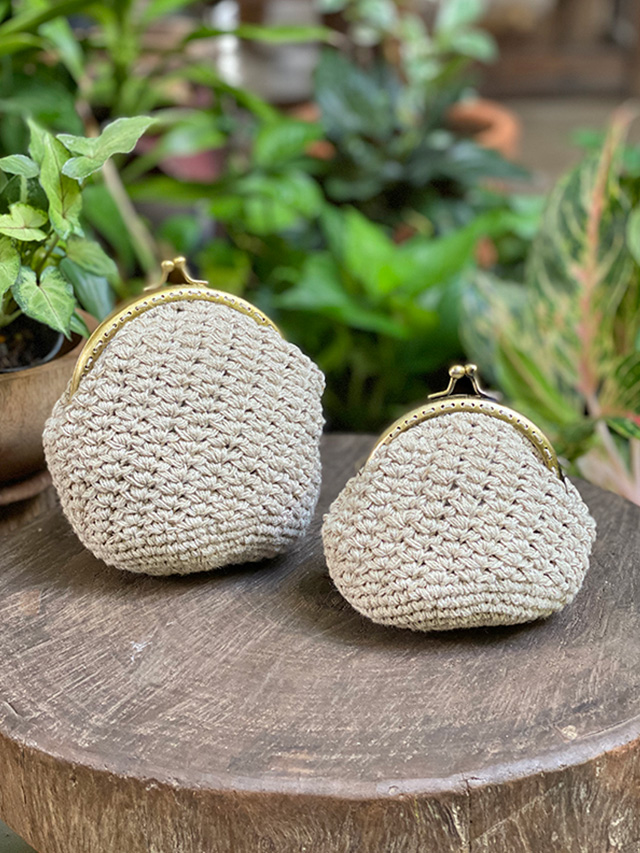 asana HEMP100% 立体 かぎ編み がま口 ポーチ