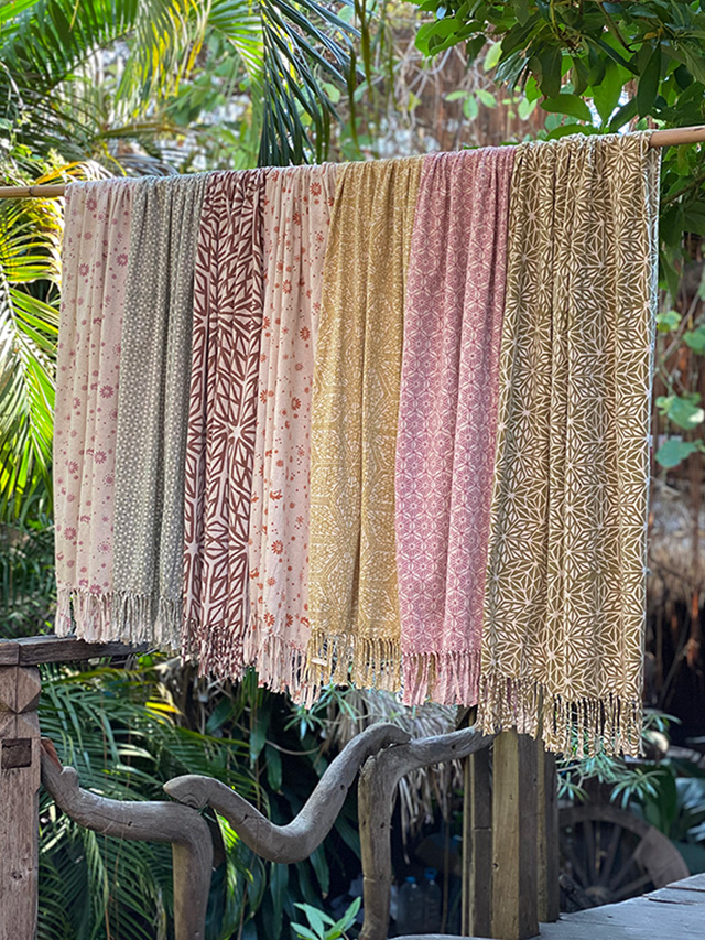 asana ヘンプコットン薄手 麻柄プリント フリンジ ショール