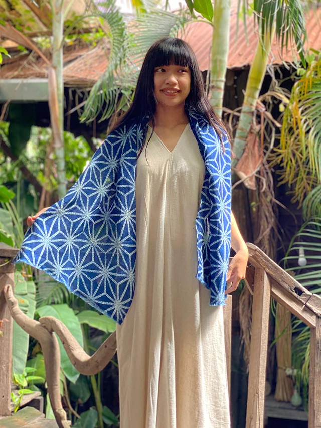 asana 麻100% 大麻柄 インディゴ抜染 ショール