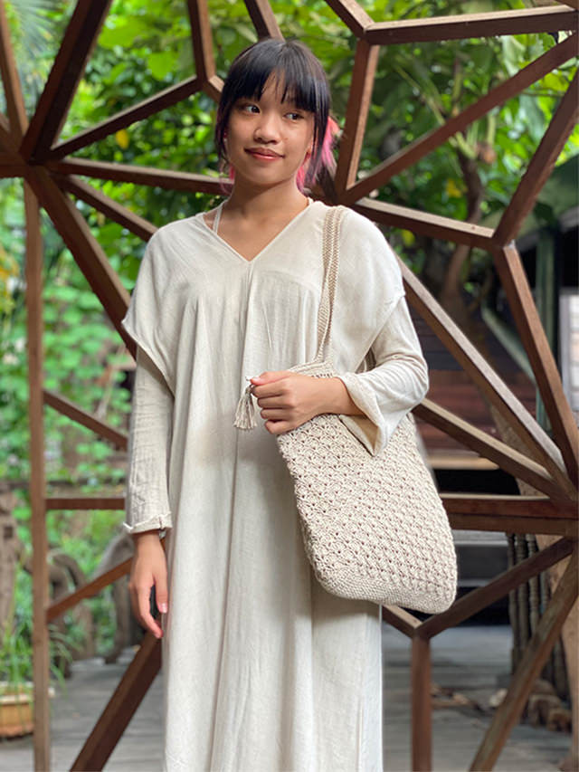 asana HEMP100% 手編みタッセル付き トートバッグ