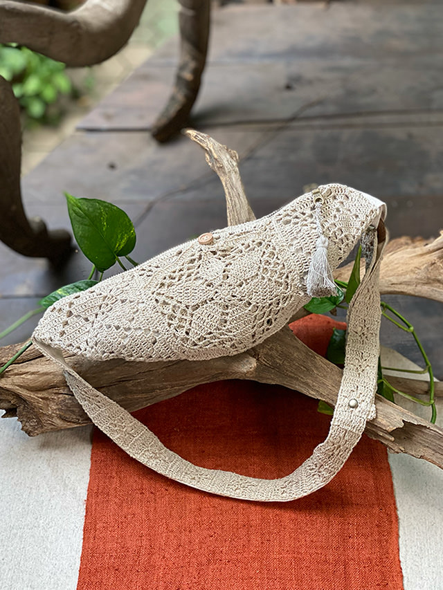 HEMP100% かぎ編み 麻柄 ショルダーバッグ