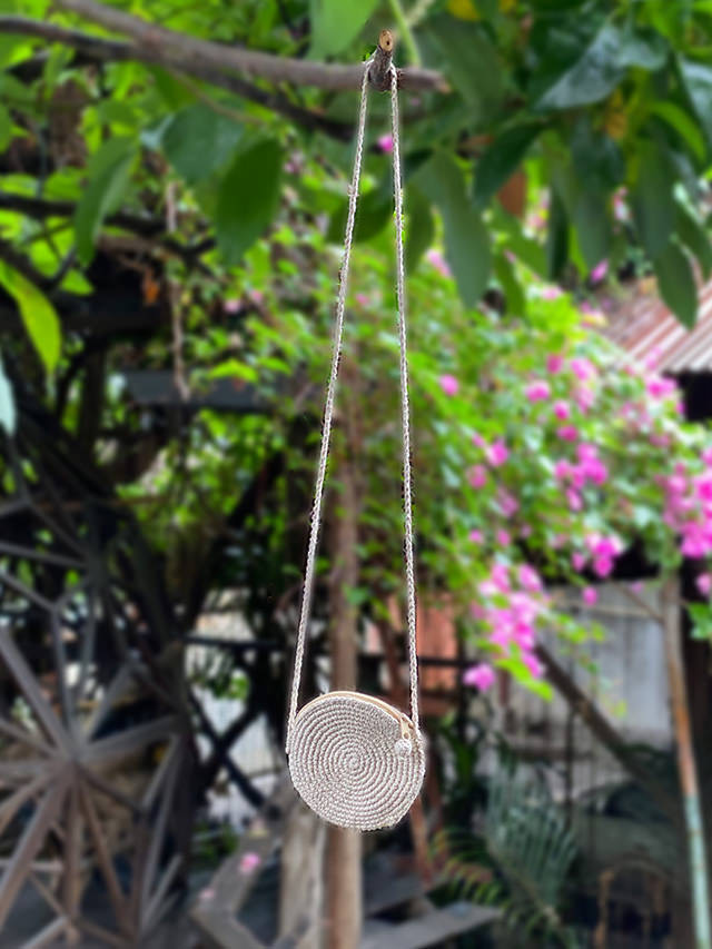 HEMP100% 手編み ポーチ 丸型 ポシェット