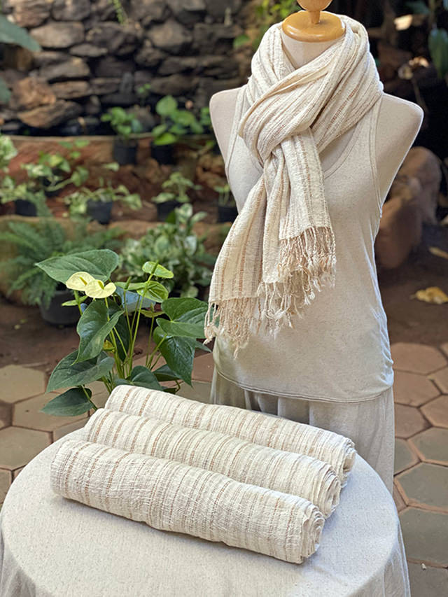 オーガニック コットン100% 手織り手紡ぎ 草木染め ボーダー 大判ショール