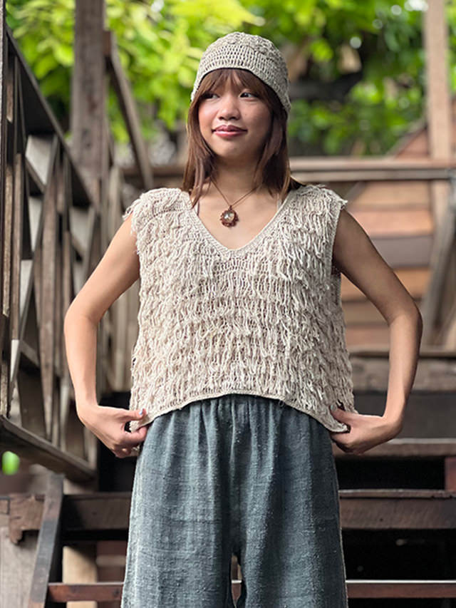 HEMP100% 手編み モコモコ Vネック タンクトップ