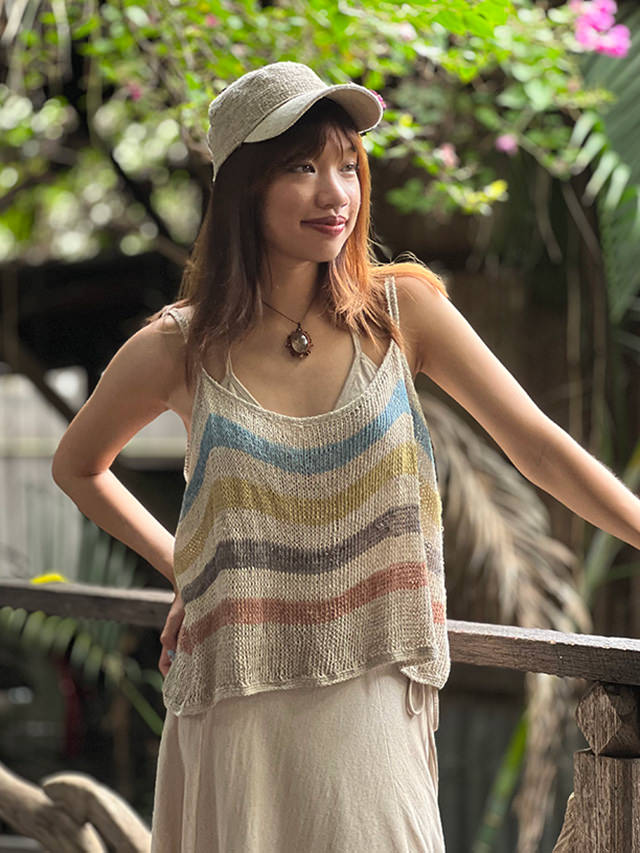 HEMP100% ニット 手編み ボーダー タンクトップ