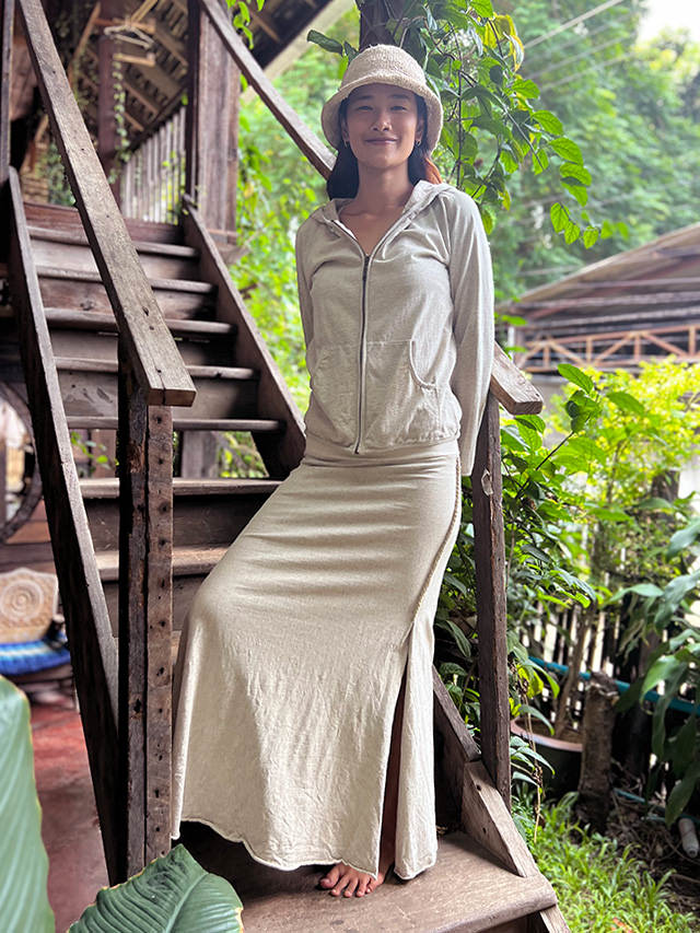 asana x chewin'bacco ヘンプコットン 厚手 タイト スリット ロングスカート・きなり