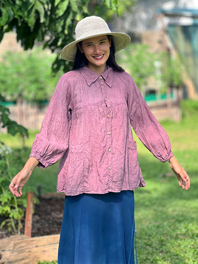 asana x chewin'bacco HEMP100% 切り替え ギャザー ジャケット・草木染め