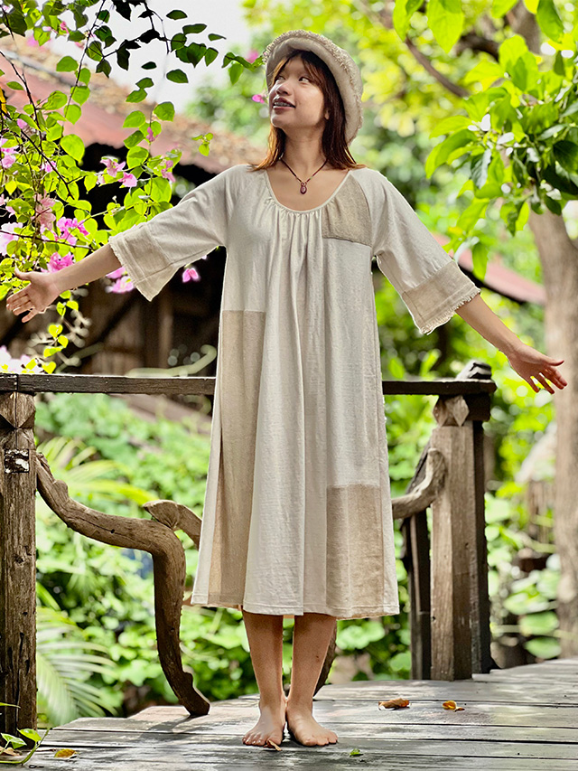 asana x chewin'bacco ヘンプコットン 厚手 パッチワーク ワンピース・きなり