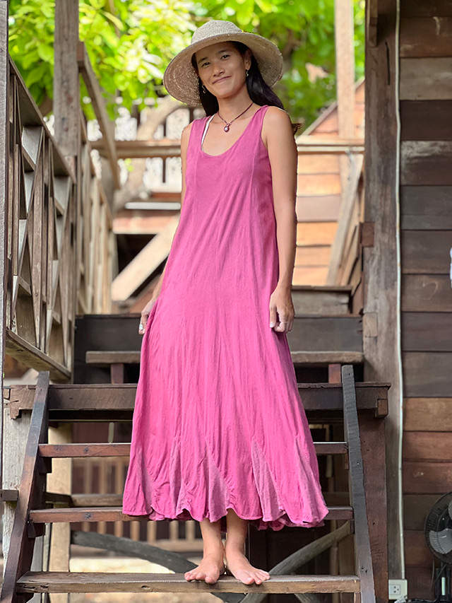 asana x chewin'bacco ヘンプコットン 薄手 切り替え ロング ワンピース・草木染め