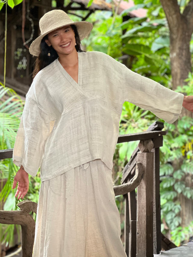 Karma HEMP100% 手織り Vネック ロングスリーブ シャツ