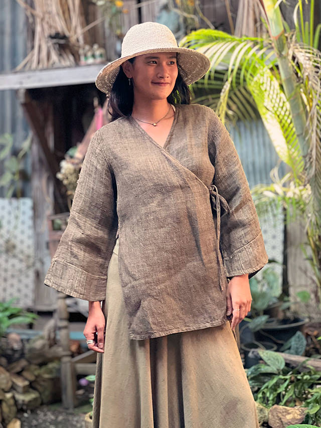 Karma HEMP100% 手織り カシュクール ジャケット・草木染め/麻炭グレー (1点もの)