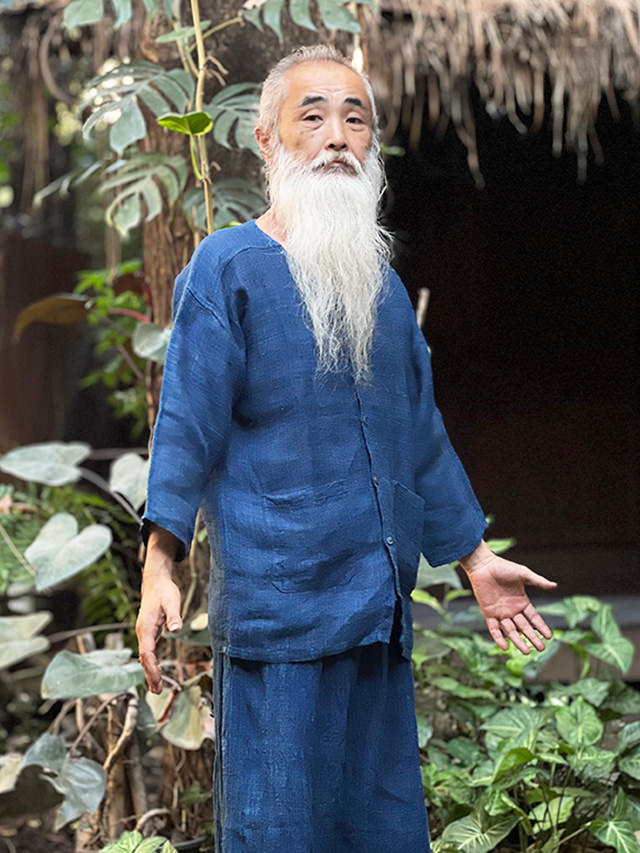 HEMP100% 手織り Vネック シャツ・草木染め/インディゴ