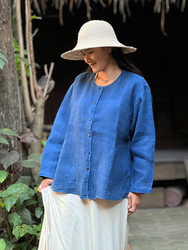 Karma HEMP100% 手織り ラウンドネック シャツ・草木染め/インディゴ (1点もの)