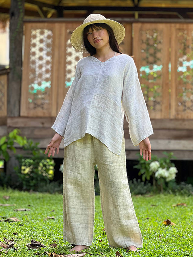 Karma HEMP100% 手織り Vネック ロング スリーブ シャツ・きなり