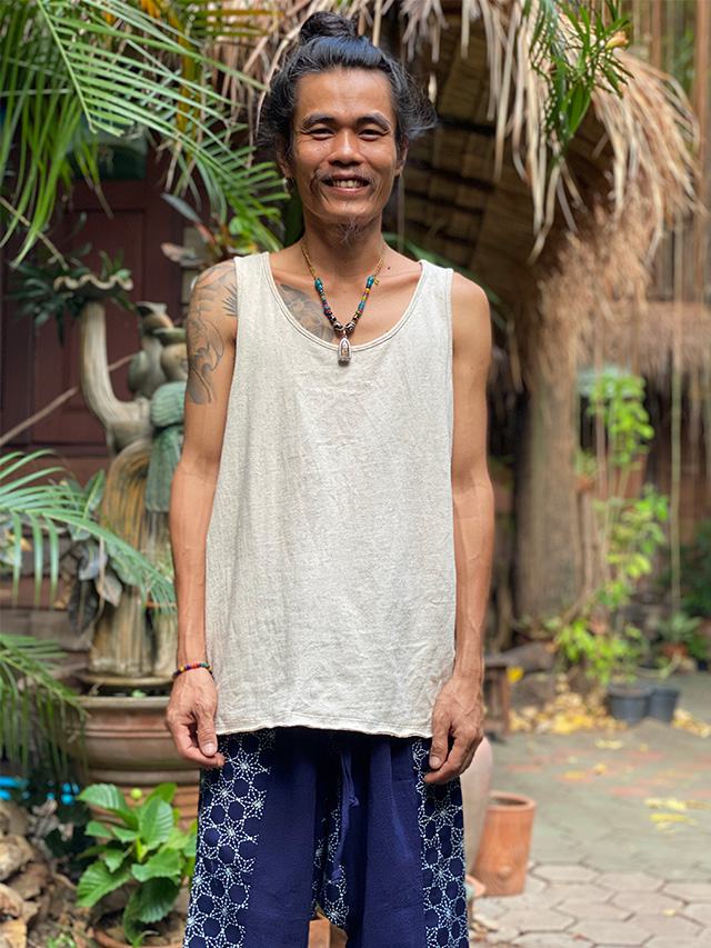 asana HEMP100% ガーゼ ハニカム柄インディゴ抜染 もんぺ パンツ